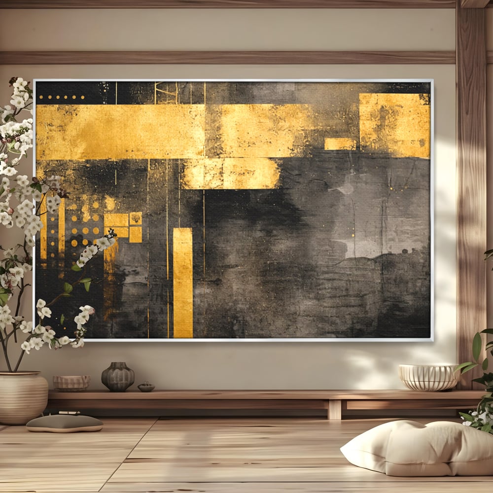 Tablou canvas cu pictura abstracta cu forme geometrice aurii, in rama de aluminiu argintiu